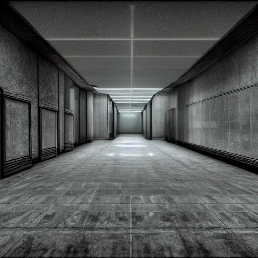 Image similar to the eerie halls of the scp foundation, unnerving mist, creatures lurking everywhere, frightening, liminal