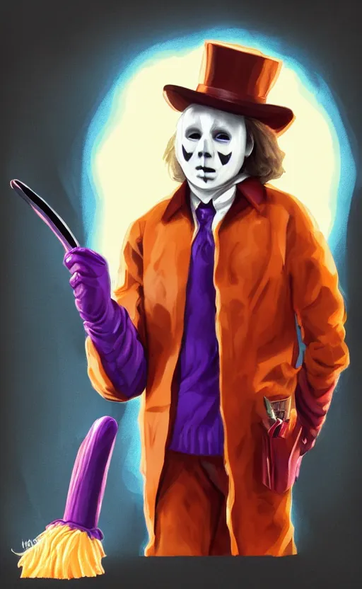 Image similar to character portrait of michael myers playing willy wonka, colorful, digital art, trending on artstation