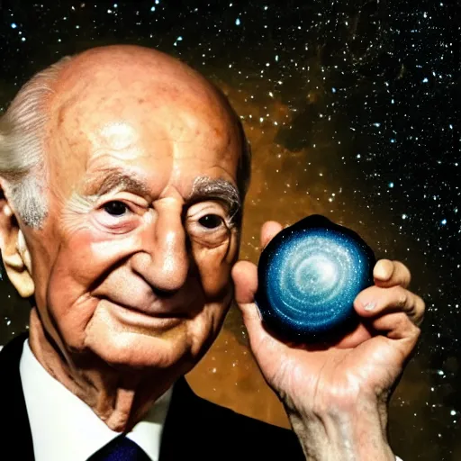 Image similar to a very detailed portrait of piero angela, holding a galaxy on his hand