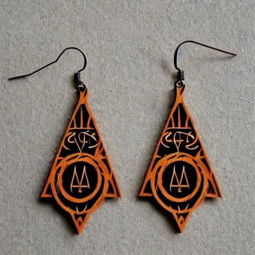 Image similar to 2 d wood lasercut earrings, mystical symbols, 8 k, hd, trending on artstation, trending on deviantart, trending on etsy, epic digital art