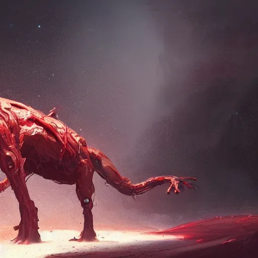 Image similar to scifi art by Greg Rutkowski, hideous monster made of twisted human flesh and reddish ooze in the shape of a dog with an elongated snout, a slender body, and elongated limbs, vicious appearance, scifi, space horror, digital painting, artstation, concept art, smooth, sharp foccus ilustration, Artstation HQ.