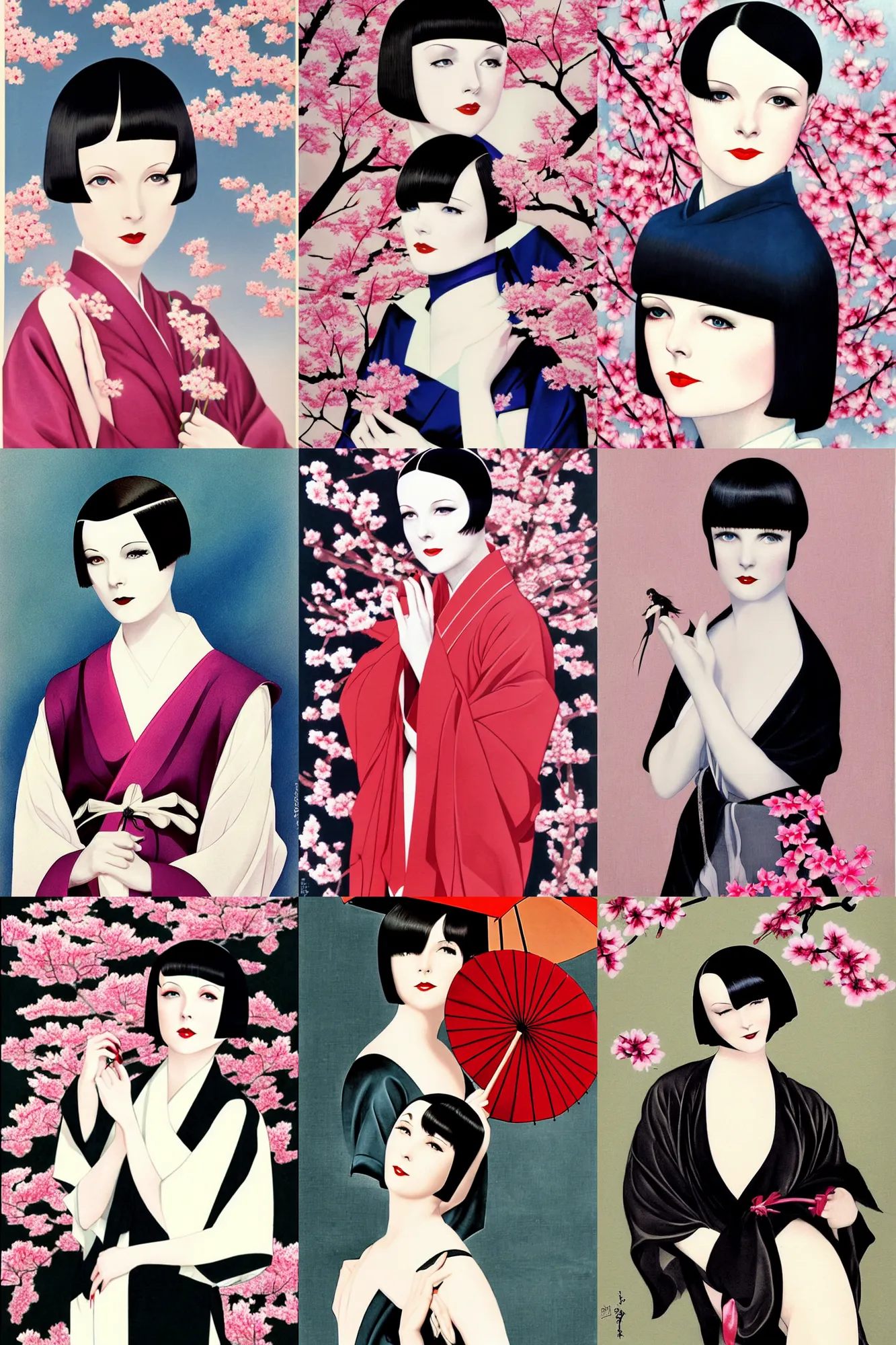 Image similar to 2 8 year old mary louise brooks, wearing kimono, by artgerm, cherry blossom falling, nagel