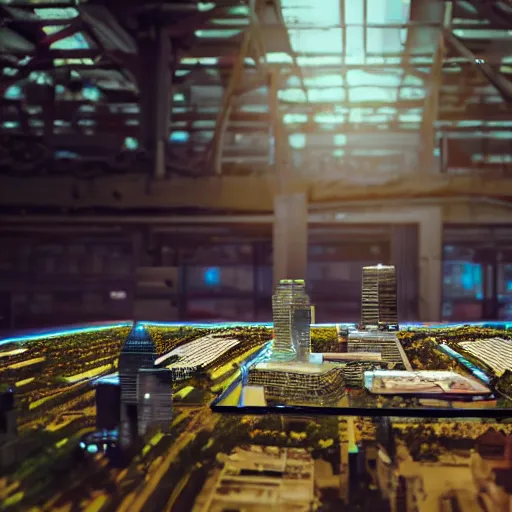 Image similar to large group people in a warehouse, looking at hologram of futuristic city on a table, cinematic concept art, godrays, golden hour, natural sunlight, 4 k, clear details, tabletop model buildings, tabletop model, hologram center