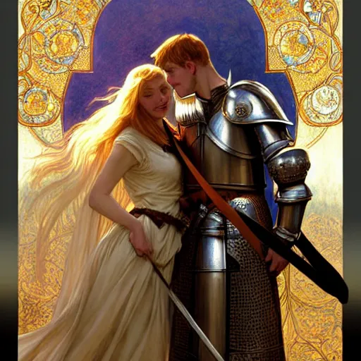 Image similar to attractive arthur pendragon and his favourite attractive male knight, they are in love, camelot, natural lighting, path traced, highly detailed, high quality, digital painting, by gaston bussiere and ross tran and j. c. leyendecker and alphonse mucha