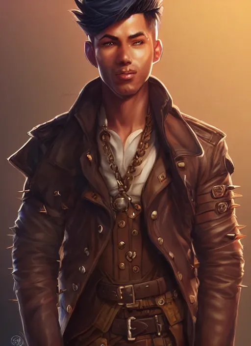 Prompt: full body portrait of gunner, male, tuffle coat, bandolier, brown skin, spiky short hair, smirk, aesthetic, high fantasy, extremely detailed, smooth, sharp focus, digital illustration, by artgerm, rossdraws, wlop, collectible card art