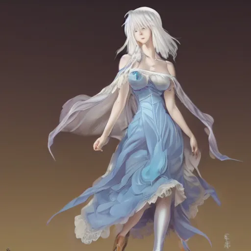 Prompt: white haired anime girl in a vaporous wrapped large victorian cream roses silk semi-transparent blue and cream dress fashion is running D&D, fantasy, intricate, elegant, highly detailed, digital painting, artstation, concept art, matte, sharp focus, illustration, art by Artgerm and Greg Rutkowski and Alphonse Mucha, UHD