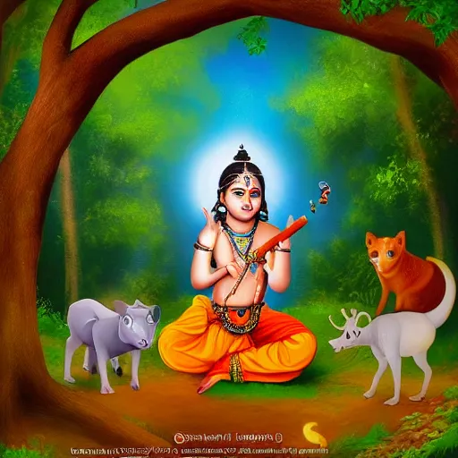 Prompt: photorelastic ,Young Krishna playing flute in forest and all animals listen his melodious music , Zoom out ,artstation, devainart ,illustration, scenery,