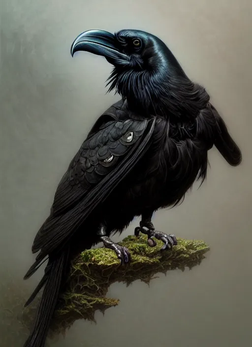 Image similar to closeup portrait of a raven, realistic, professionally, professionally color graded, intricate, elegant, highly detailed, centered, digital painting, artstation, concept art, smooth, sharp focus, illustration, artgerm, tomasz alen kopera, peter mohrbacher, donato giancola, mucha, joseph christian leyendecker, wlop, boris vallejo