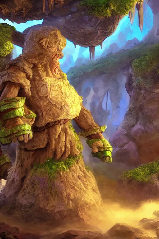 Image similar to zelda fantasy art giant golem troll wood rock greeble gemstone, global illumination ray tracing hdr fanart arstation by sung choi and eric pfeiffer and gabriel garza and casper konefal