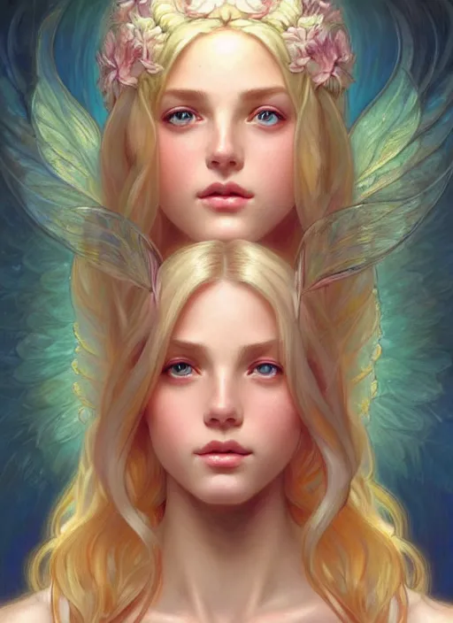 Prompt: perfectly feminine face!! full body portrait of young fairy goddess blessed by nature with ever - increasing physical mental perfection, blonde, symmetrical! intricate, sensual features, highly detailed, biblical divine holy perfection!! digital painting, artstation, concept art, smooth, sharp focus, illustration, art by artgerm and greg rutkowski and alphonse mucha