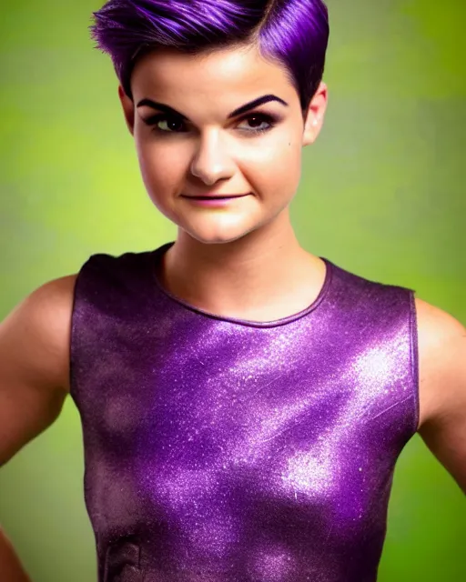 Prompt: photos of beautiful actress Brianna Hildebrand with Purple colored skin makeup as the purple skinned Green Lantern soranik natu as she soars thru outer space, Brianna Hildebrand, photogenic, purple skin, short black pixie like hair, particle effects, photography, studio lighting, cinematic