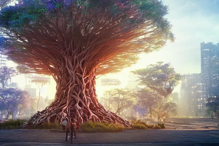 Image similar to Cybernetic tree of life in a city center, hyper real, 8k, colorful, 3D cinematic volumetric light, atmospheric light, studio ghibli inspired, fantasy LUT, high contrast, epic composition, sci-fi, dreamlike, surreal, angelic, by Moebius, wired roots