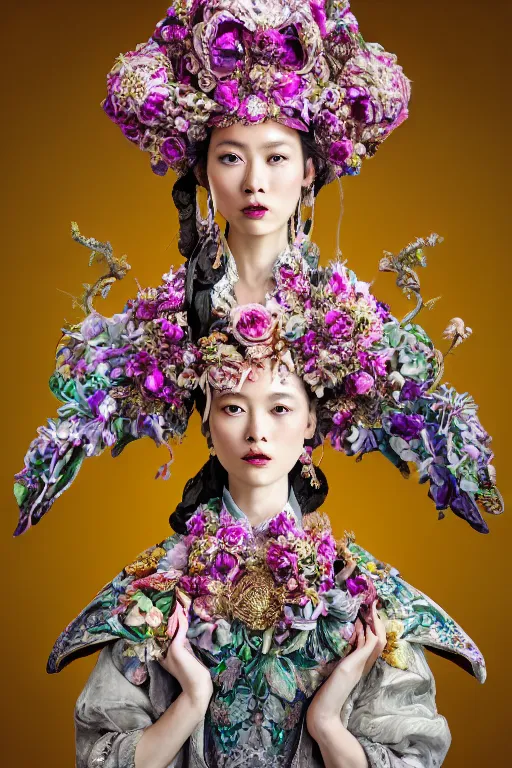 Image similar to a beautiful empress portrait, with a brilliant, impossible striking big flower headpiece, clothes entirely made out of flowers, symmetrical, dramatic studio lighting, rococo, baroque, jewels, asian, hyperrealism, closeup, D&D, fantasy, intricate, elegant, highly detailed, digital painting, artstation, octane render, 8k, concept art, matte, sharp focus, illustration, art by Artgerm and Greg Rutkowski and Alphonse Mucha