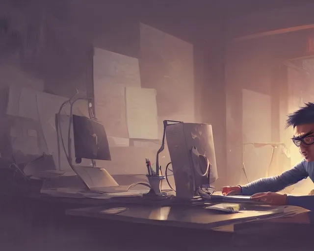 Image similar to an insanely detailed painting of a nerdy asian man wearing a superhero costume, sitting at a desk, staring at the nervously at the computer and typing, in the style of peter mohrbacher, dramatic lighting and composition, octane render, pixar, trending on artstation, concept art, comic book, view from behind