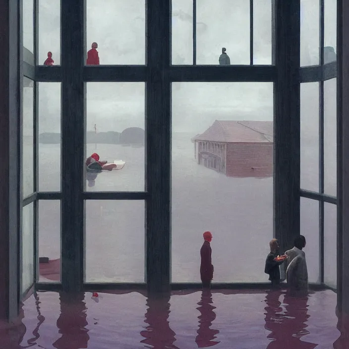 Prompt: fisheye lens, people inside water flooded museum, looking through the window Edward Hopper and James Gilleard, Zdzislaw Beksinski, highly detailed