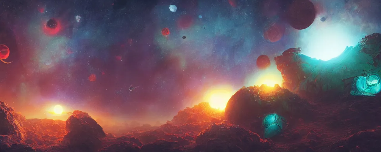 Image similar to ” gas planets on another world, [ cinematic, detailed, epic, widescreen, opening, establishing, mattepainting, photorealistic, 4 k, octane render, art by paul lehr ] ”