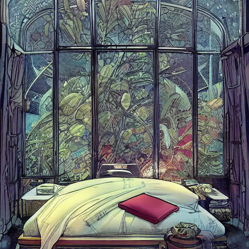 Image similar to Interior of a bedroom on a spaceship, through a large window outer space is visible, spread out around the room are lush plants, intricate, elegant, highly detailed, smooth, sharp focus, detailed face, high contrast, graphic novel, art by Ardian Syaf and Michael Choi,