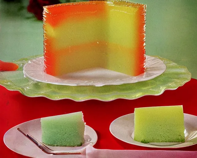 Image similar to 1970's cookbook color photograph of jello cake ambrosia detail high detail