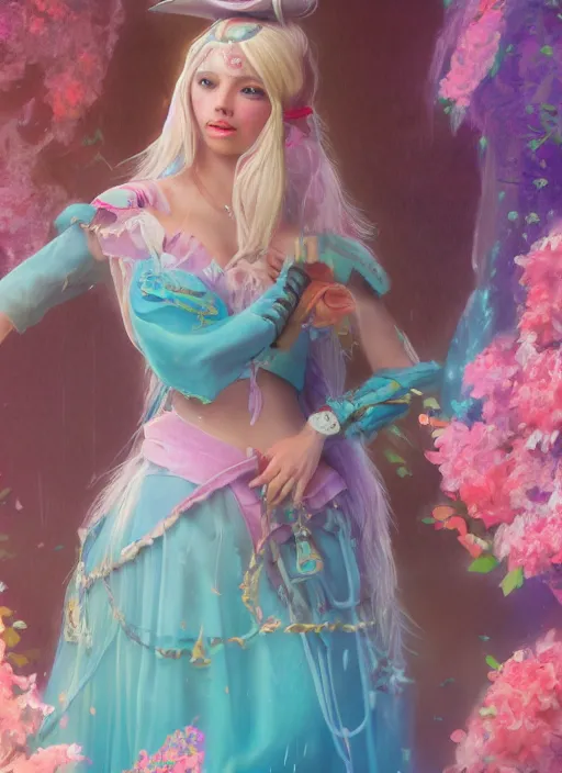 Prompt: detailed full body concept colorful pastel painting of a Disney pirate princess in intricate clothing, cinematic lighting, hyperdetailed, 8k, high resolution, insanely detailed and intricate, octane render, vfx, postprocessing, freckles, alluring