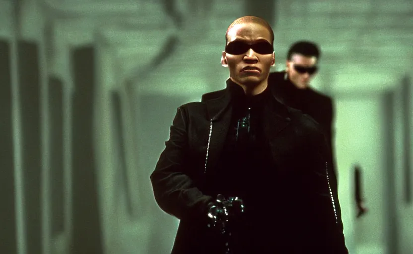 Image similar to film still of Goldie MBE as Neo in The Matrix, 8k,