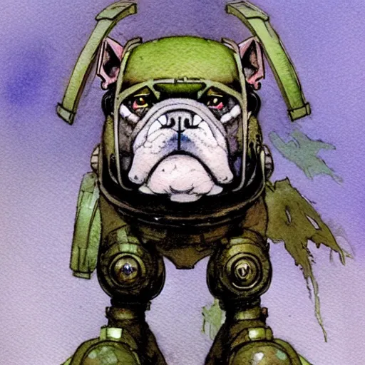 Prompt: a simple and atmospheric watercolour fantasy character concept art portrait of a mechanized android bulldog as a druidic warrior wizard looking at the camera with an intelligent gaze, very muted colors, by rebecca guay, michael kaluta, charles vess and jean moebius giraud