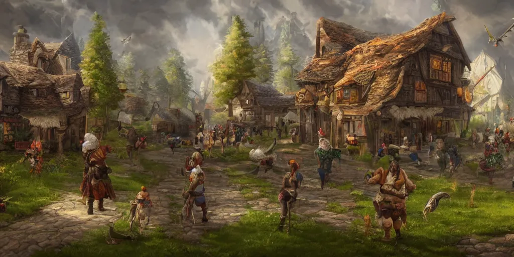 Prompt: many walking taverns with chicken legs in the distance, fantasy art, 8k resolution, maximum detail