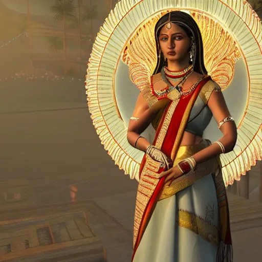 Image similar to a beautiful indian athletic slim female has a halo floating over her head like she was a holy person, the halo was made by a jeweler with gold with intricate details, unreal engine 5