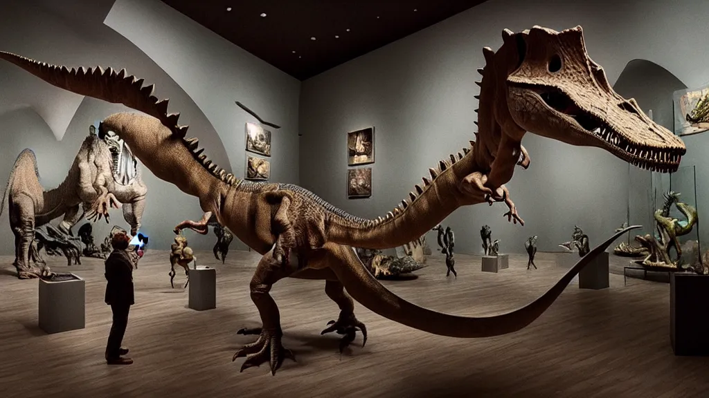 Image similar to the dinosaur through a museum, made of wax and water, film still from the movie directed by Denis Villeneuve with art direction by Salvador Dalí, wide lens
