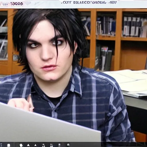 Prompt: a screenshot of blacked hair Gerard Way working in The Office (2007)