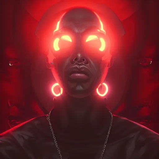 Image similar to portrait of a evil hiphop gangsta robot possessed by demon, expression, unreal engine, by artgerm, wlop and ross thran, dramatic cinematic lighting rendered by octane, 8 k, detailed