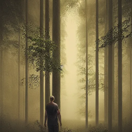 Prompt: a man standing in the middle of a forest, a detailed matte painting by mike beeple winkelmann, behance contest winner, magical realism, lovecraftian, concept art, reimagined by industrial light and magic