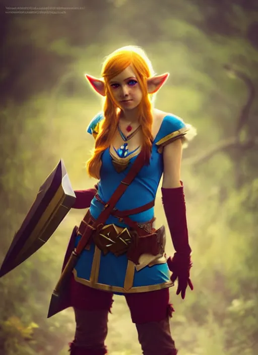 Image similar to female cosplayer wearing zelda cosplay. art by greg rutkowski, art by pascal blanche. crisp quality. digital photography. trending in deviantart.