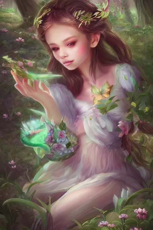 Image similar to a cute fairy in the dreamy forest, fantasy, 8 k resolution, hyper detailed, d & d, character design, digital painting, trending on artstation, sharp focus, illustration, art by artgerm, steve zheng, fuji choko, viktoria gavrilenko, hoang lap