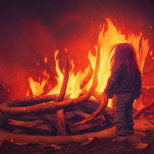 Prompt: 80's heavy metal kid standing in a fire ring, illustration, artgerm, octane render, inspired by Greg rutkowski, colorful, studio lighting, full body,