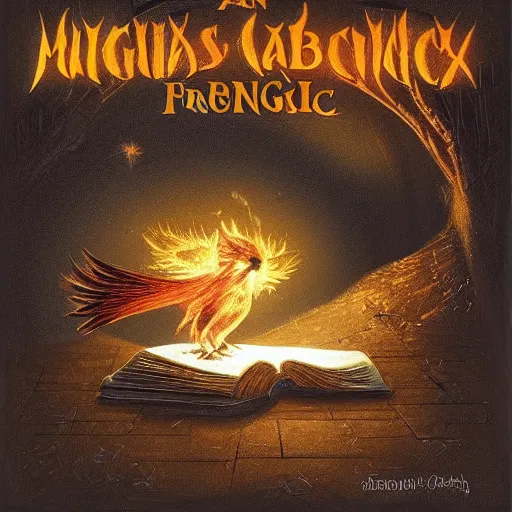 Prompt: An image of a cute adorable fledgling phoenix frets as it studies the magic booklet. Small embers fall softly from its wings and singe the hard oak table. A darkness surrounds, and the murky depths of library hide an ominous threat. The glow from the flames illuminates. The image was cgi, and is very impressive