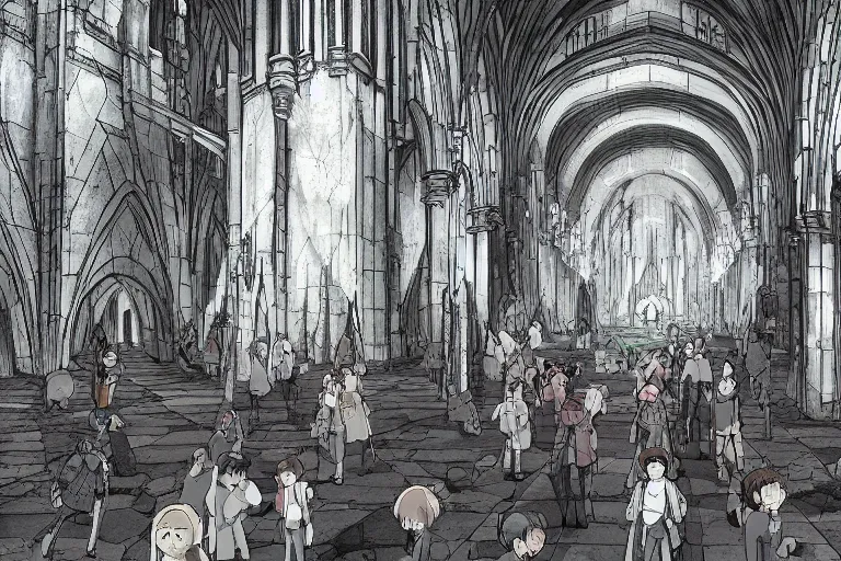 Prompt: cell shaded anime key visual of a group of eskimos in an underground gothic cathedral in the style of studio ghibli, moebius, makoto shinkai, dramatic lighting