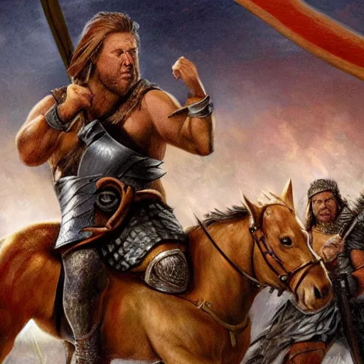 Prompt: Alex Jones as an ancient barbarian king, riding a horse into battle with an axe