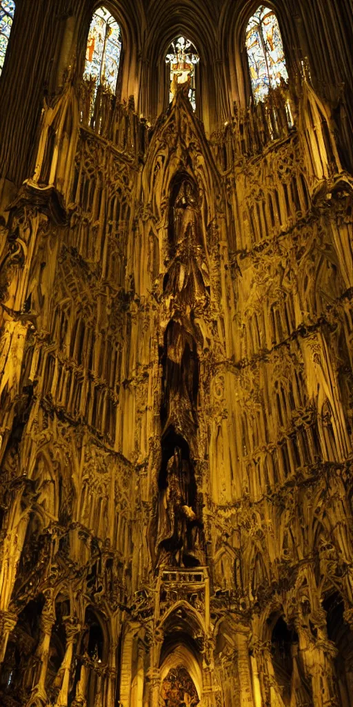 Image similar to a tall pale humanoid being sitting upon an ornate stone throne, 4K, digital art, horror, dramatic, wearing a long yellow rotting garment, dark, hyperrealistic, perspective, complex (((dark))) cathedral background with volumetric lights coming in through cathedral windows, dark background, highlights,