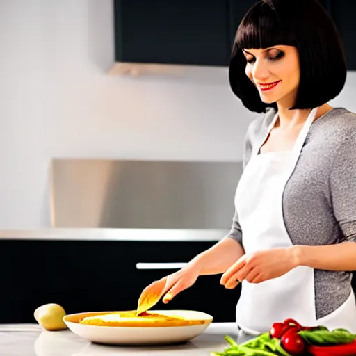 Prompt: image of a beautiful woman with dark hair and bob haircut cooking omelette in the modern kitchen. dynamic lighting.
