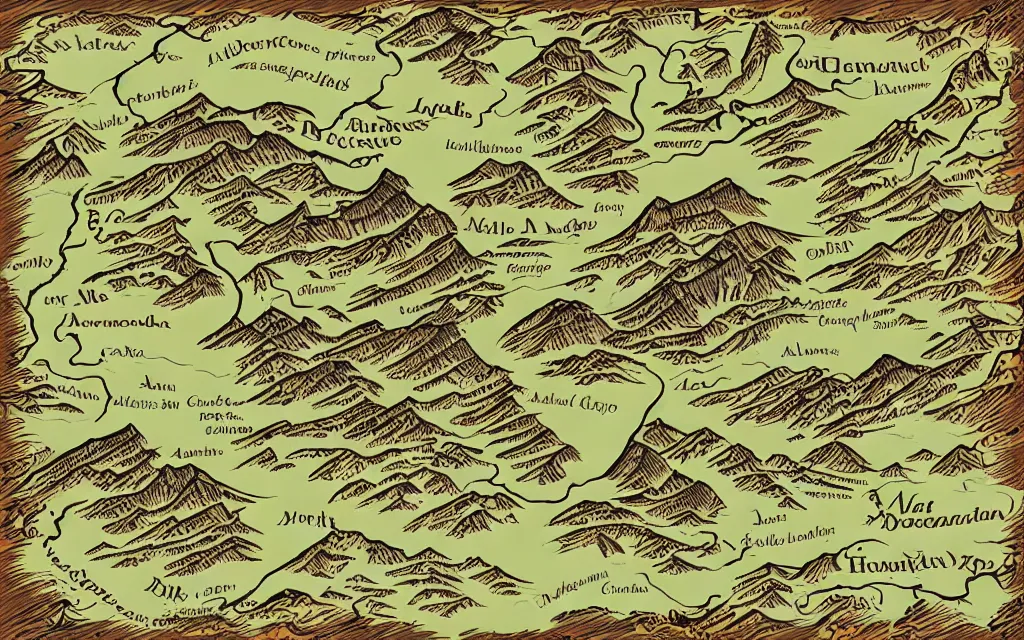 Prompt: medieval map mountain ranges, rivers, lakes, cursive lettering digital illustration