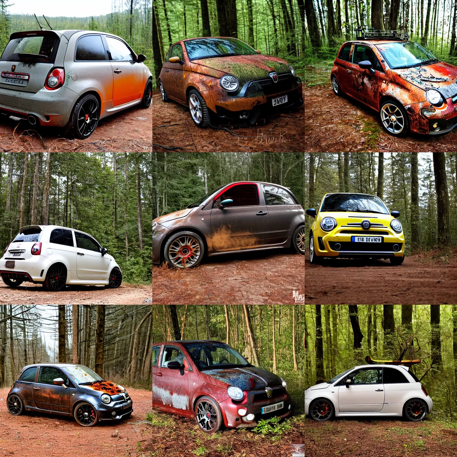 Prompt: sticky wild board as car in the forest, a wrecked 2 0 1 0 abarth 5 0 0, dusty, some rust