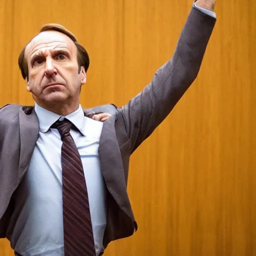 Image similar to saul goodman doing t - pose in courtroom to intimidate prosector