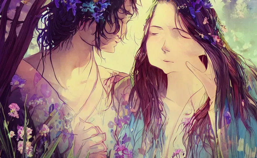 Image similar to bestselling movie poster, official media,a cinematic beautiful closeup moment of lovers saying goodbye wearing boho poncho and sunhat with hyacinths, full body portrait and simple form, brutal shapes, shaman, pixiv, 1970s fashion, official anime media, cinematic lighting, artstation consept artwork by doja cat, charlie bowater, waterhouse, ,greg rutkowski, wong kar wai