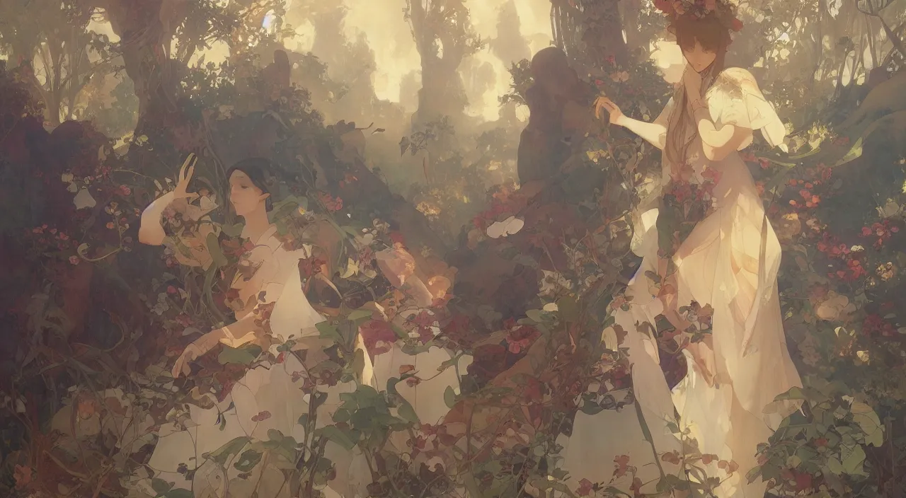 Image similar to A beautiful landscape painting of the future by Alfons Maria Mucha and Julie Dillon and Makoto Shinkai