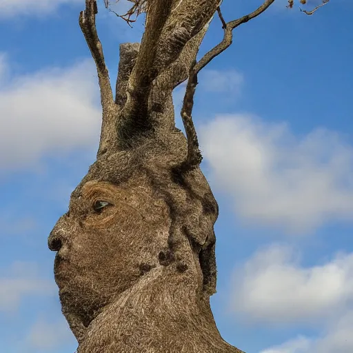 Image similar to an oak tree pruned and shaped to resemble a human head in profile