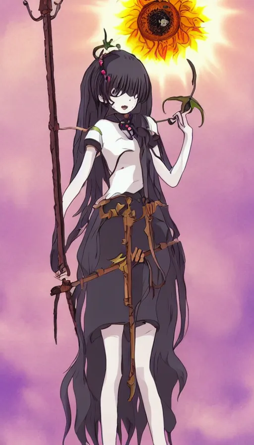 Image similar to the being death as a cute anime girl with a giant cute sun flower scythe from a studio ghibli film inspired by the death tarot card