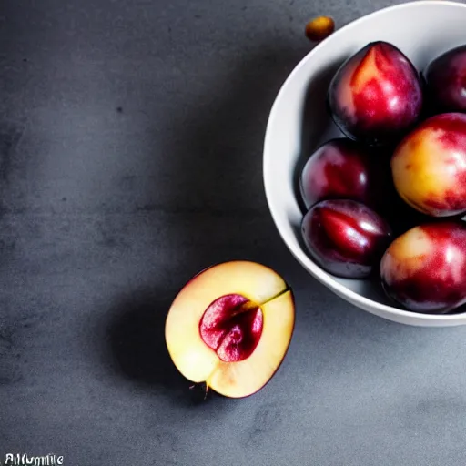 Prompt: photo of a thick porcelain bowl filled with few moist freshly picked plums on a wooden table. volumetric lighting. 4 k. small scale. realistic. top down.