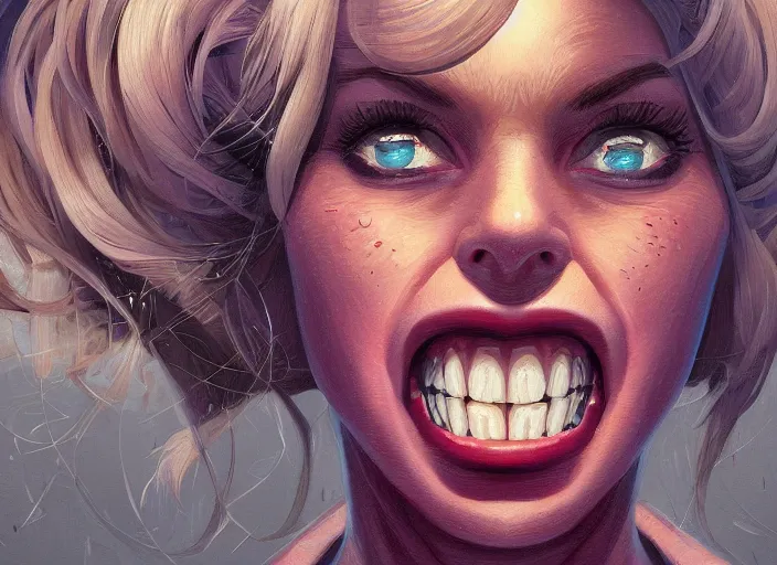 Prompt: wide open wife mouth, close - up, cry, defiant, pin - up, full lips, symmetrical teeth, light effect, hyper detailed, intricate, elegant, highly detailed, digital painting, artstation, concept art, matte, sharp focus, illustration, by dan mumford, yusuke murata, makoto shinkai, ross tran