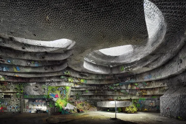 Image similar to favela bunker spaceship disco hive, brutalist fungus environment, industrial factory, whimsical, award winning art, epic dreamlike fantasy landscape, ultra realistic,