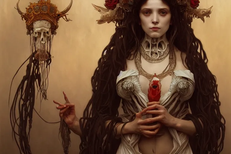 Prompt: a portrait of the bone queen, intricate, morbid, horrific, highly detailed, digital painting, crown of skulls, artstation, concept art, smooth, sharp focus, illustration, art by artgerm and greg rutkowski and alphonse mucha and william - adolphe bouguereau